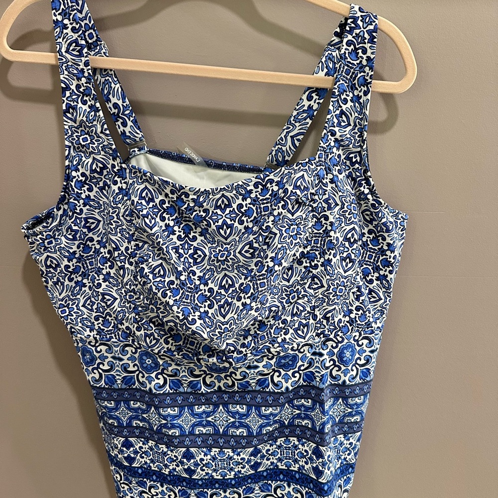 Lands' End Blue and White Tankini Top Underwire 18W DDD